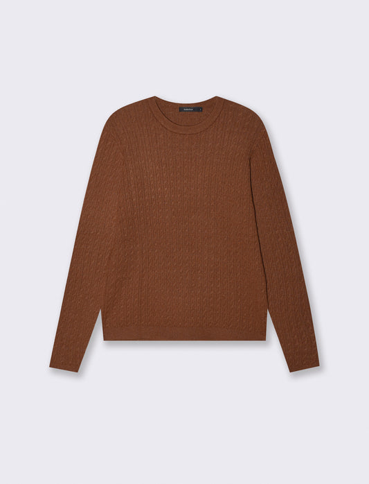 Pullover a trecce manica lunga girocollo - Marrone tabacco