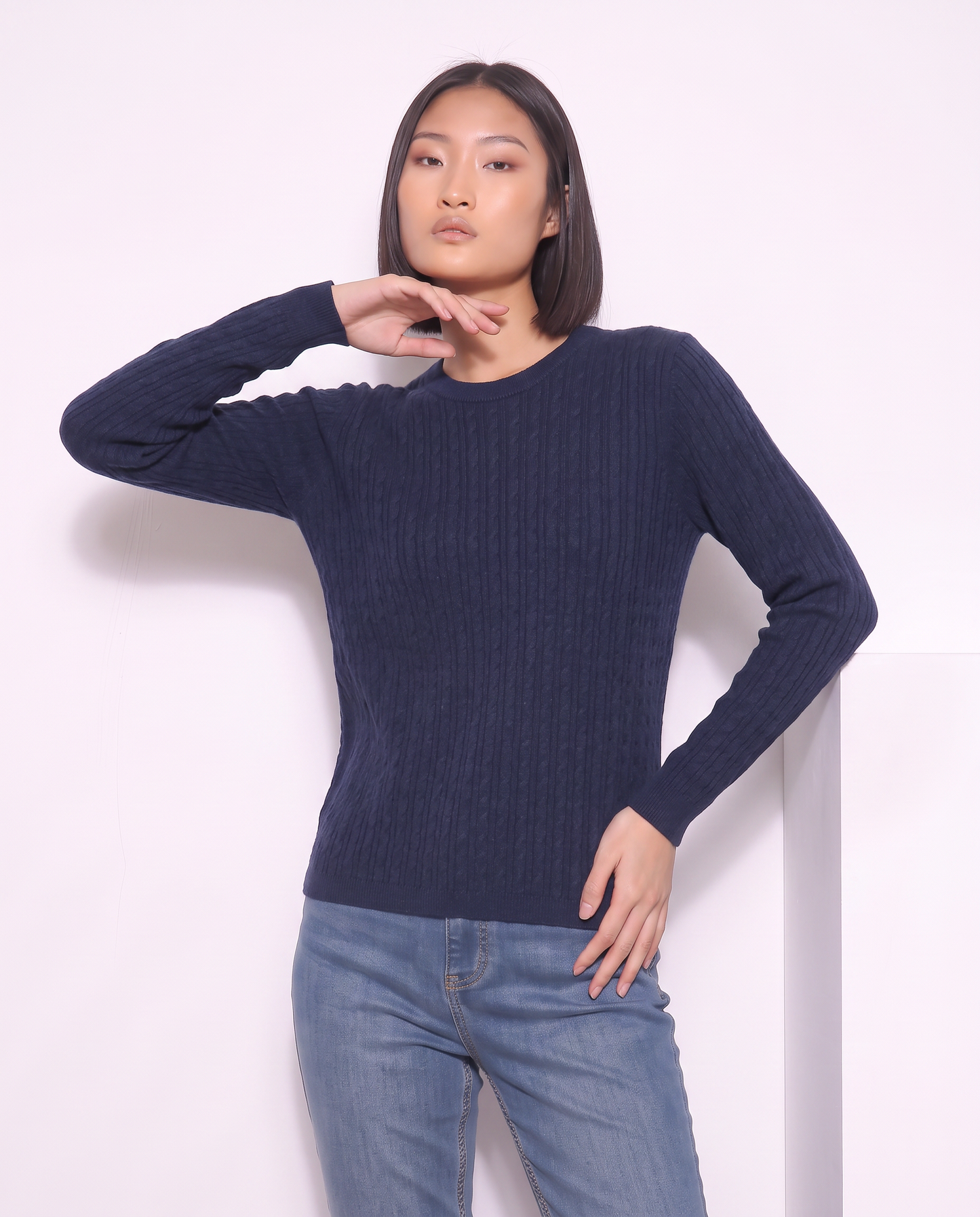 Long Sleeve Crew Neck Cable Knit Sweater - Green