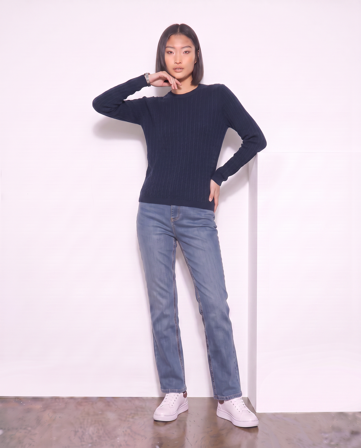 Long Sleeve Crew Neck Cable Knit Sweater - Green
