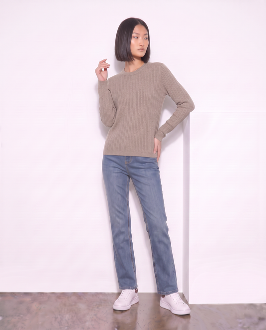 Long Sleeve Crew Neck Cable Knit Sweater - Beige