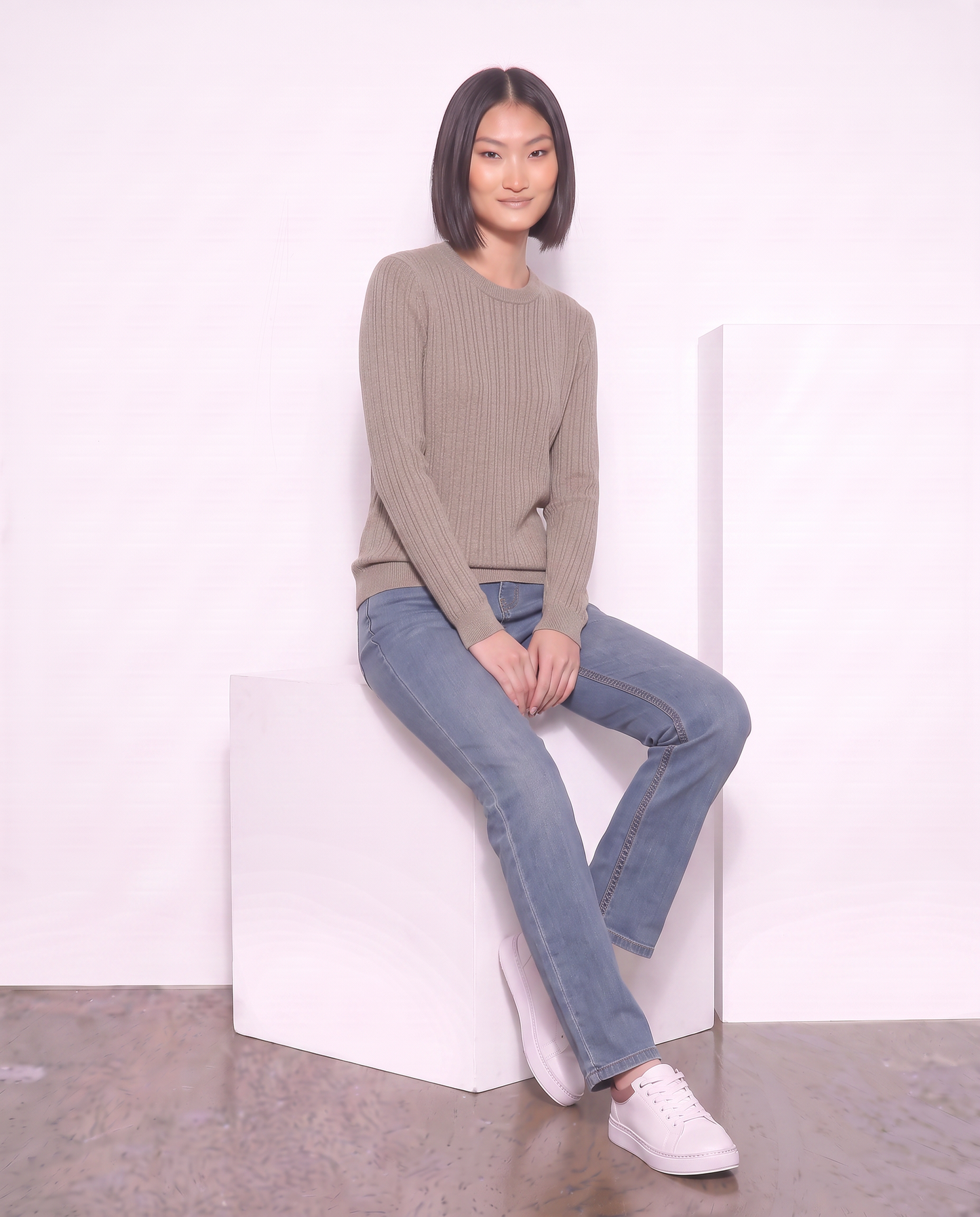 Long Sleeve Crew Neck Cable Knit Sweater - Beige