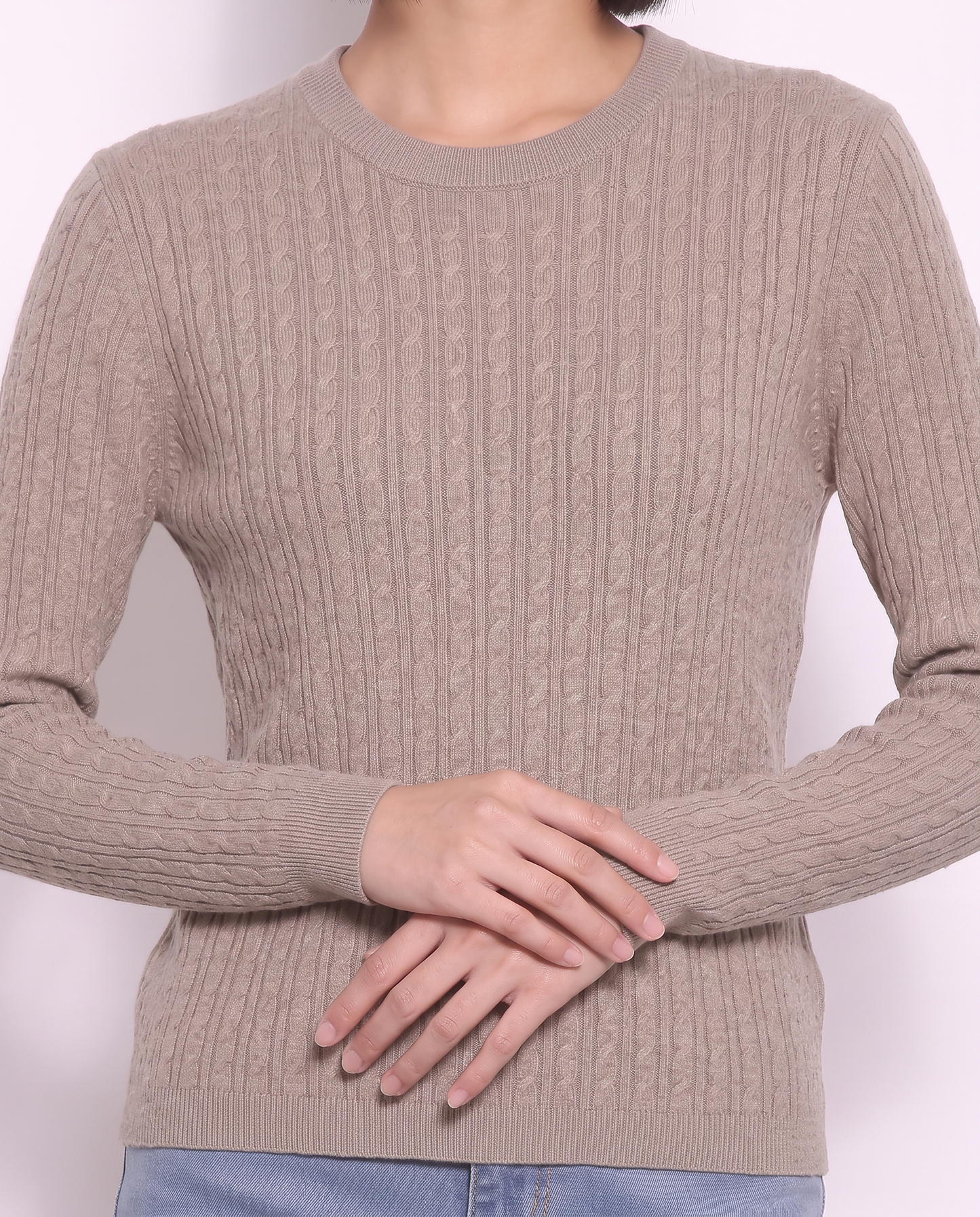 Long Sleeve Crew Neck Cable Knit Sweater - Beige