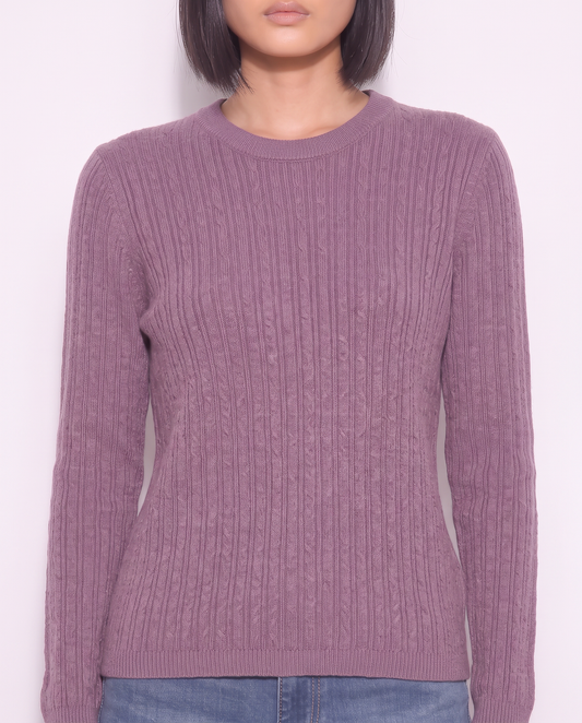Long Sleeve Crew Neck Cable Knit Sweater - Purple