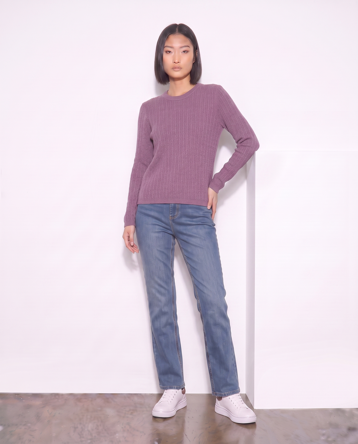 Long Sleeve Crew Neck Cable Knit Sweater - Purple