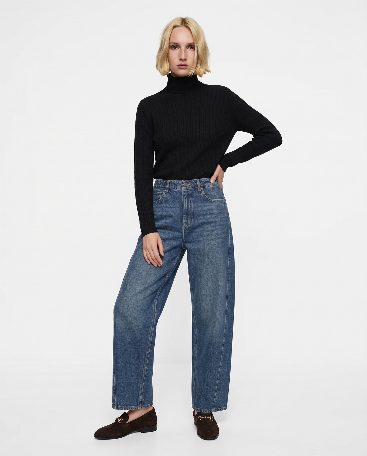 Maglia a trecce con collo alto - Nero