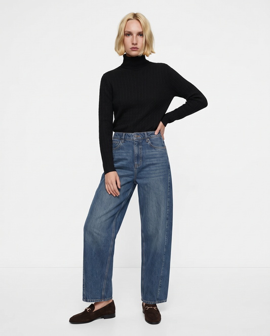 Cable knit sweater with high collar - Black