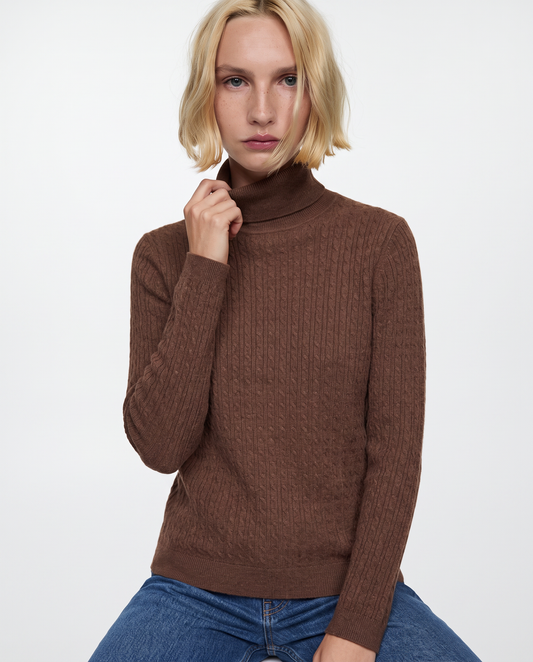 Cable knit sweater with high collar - Brown