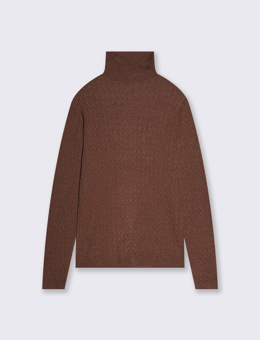 Maglia a trecce con collo alto - Marrone tabacco