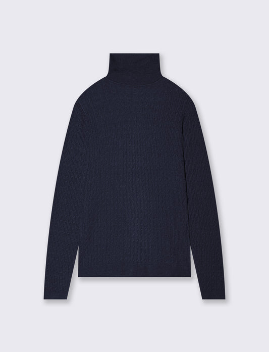 Maglia a trecce con collo alto - Verde petrolio