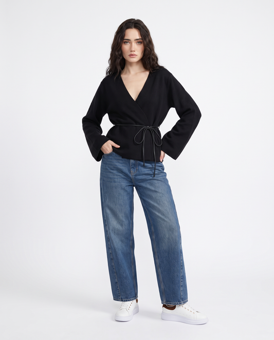 Crossed open cardigan with belt - Black