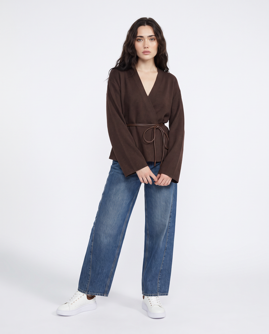 Crossed open cardigan with belt - Brown
