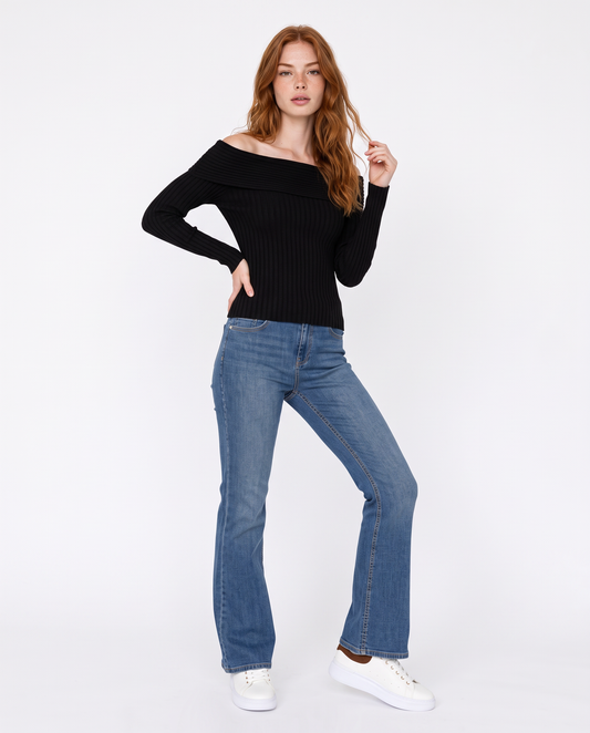 Long sleeve boat neck top - Black