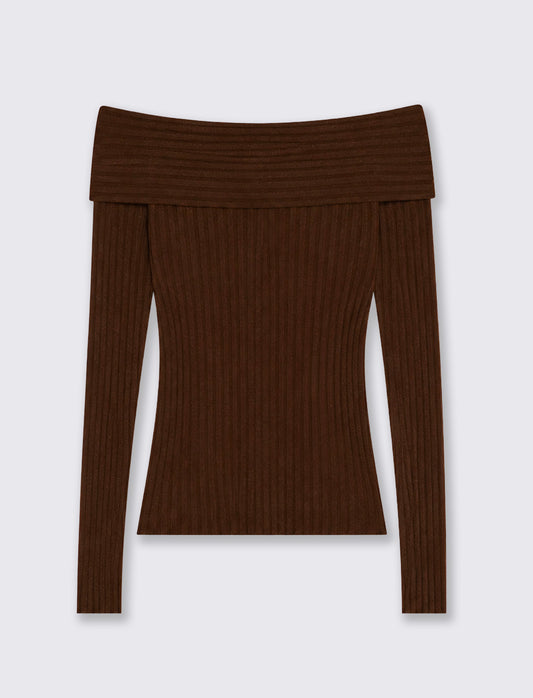 Long sleeve boat neck top - Brown