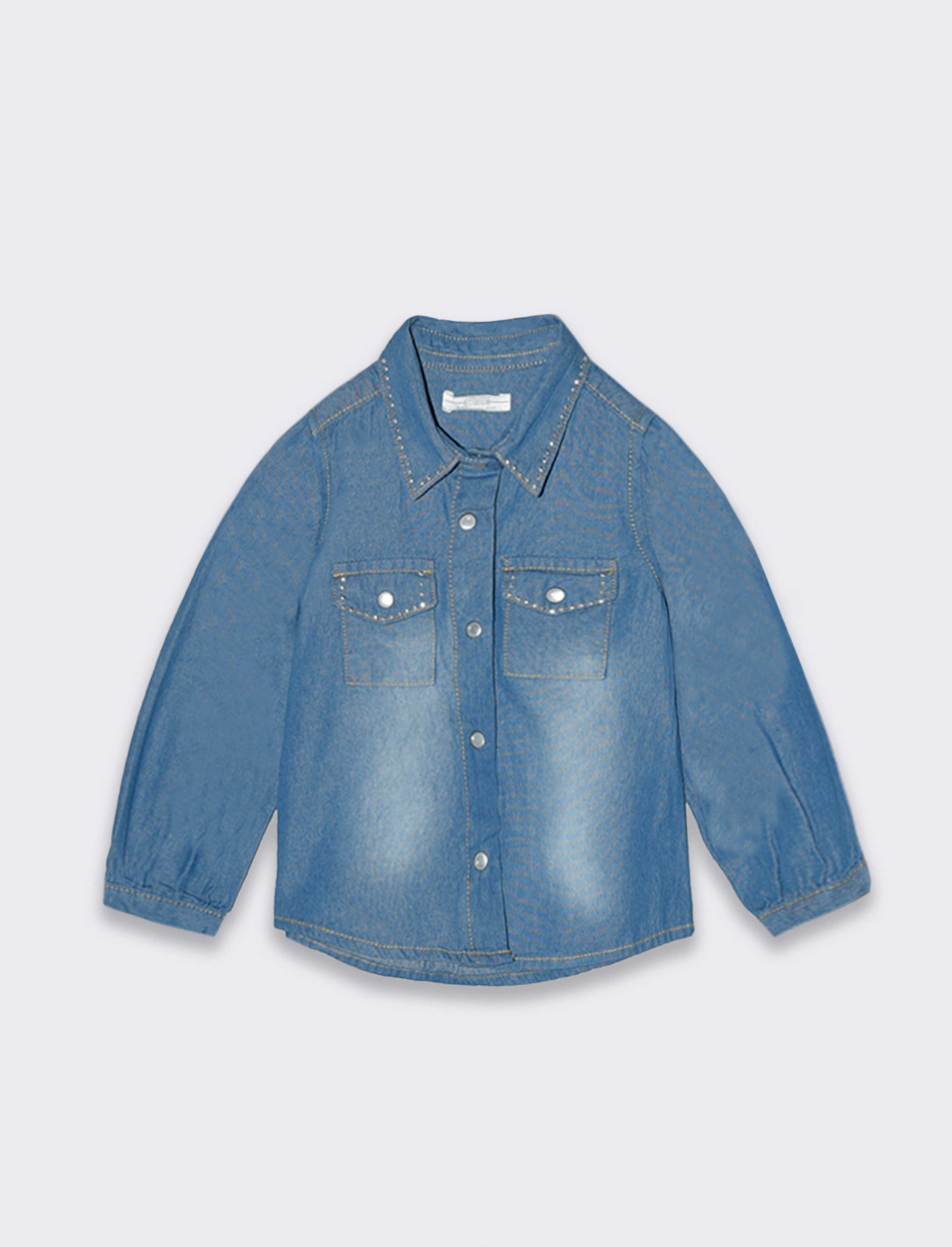 Denim Baby Shirt with Long Sleeves and Appliques - Blue