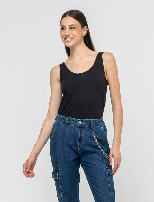 Top in Rib with Side Drawstring Detail Slim Fit - Black