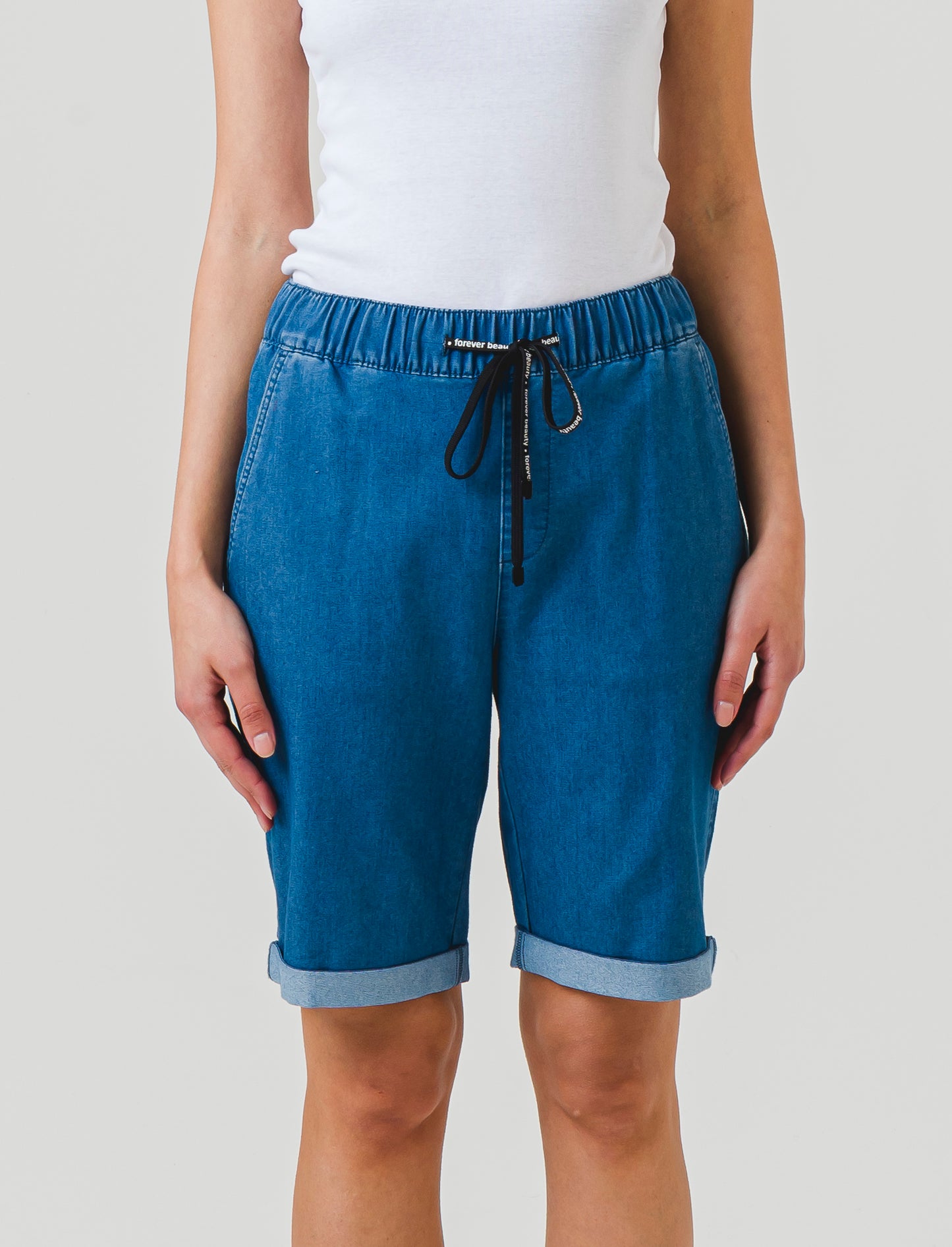 Palazzo Fit Elastic Waist Cotton Pants with Contrast Drawstring - Blue