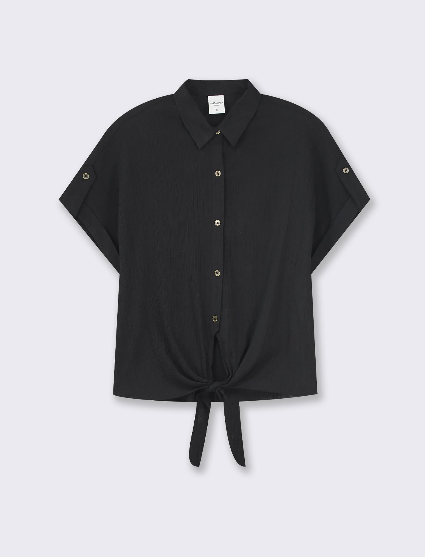 Camicia in tessuto crinckle con nodo e manica scesa - Nero