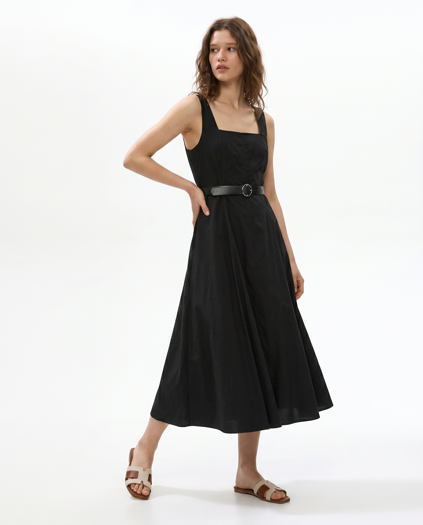 Midi Dress with Waist Belt - Black