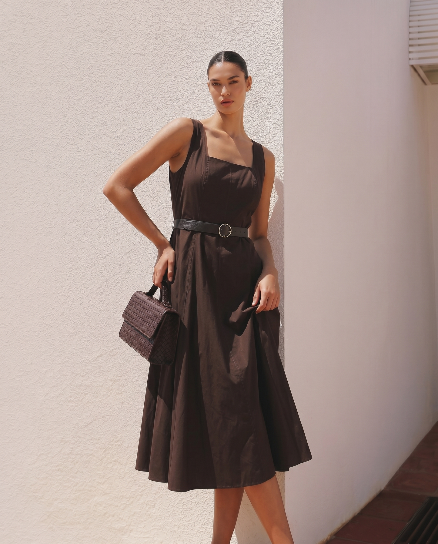 Midi Dress with Waist Belt - Brown