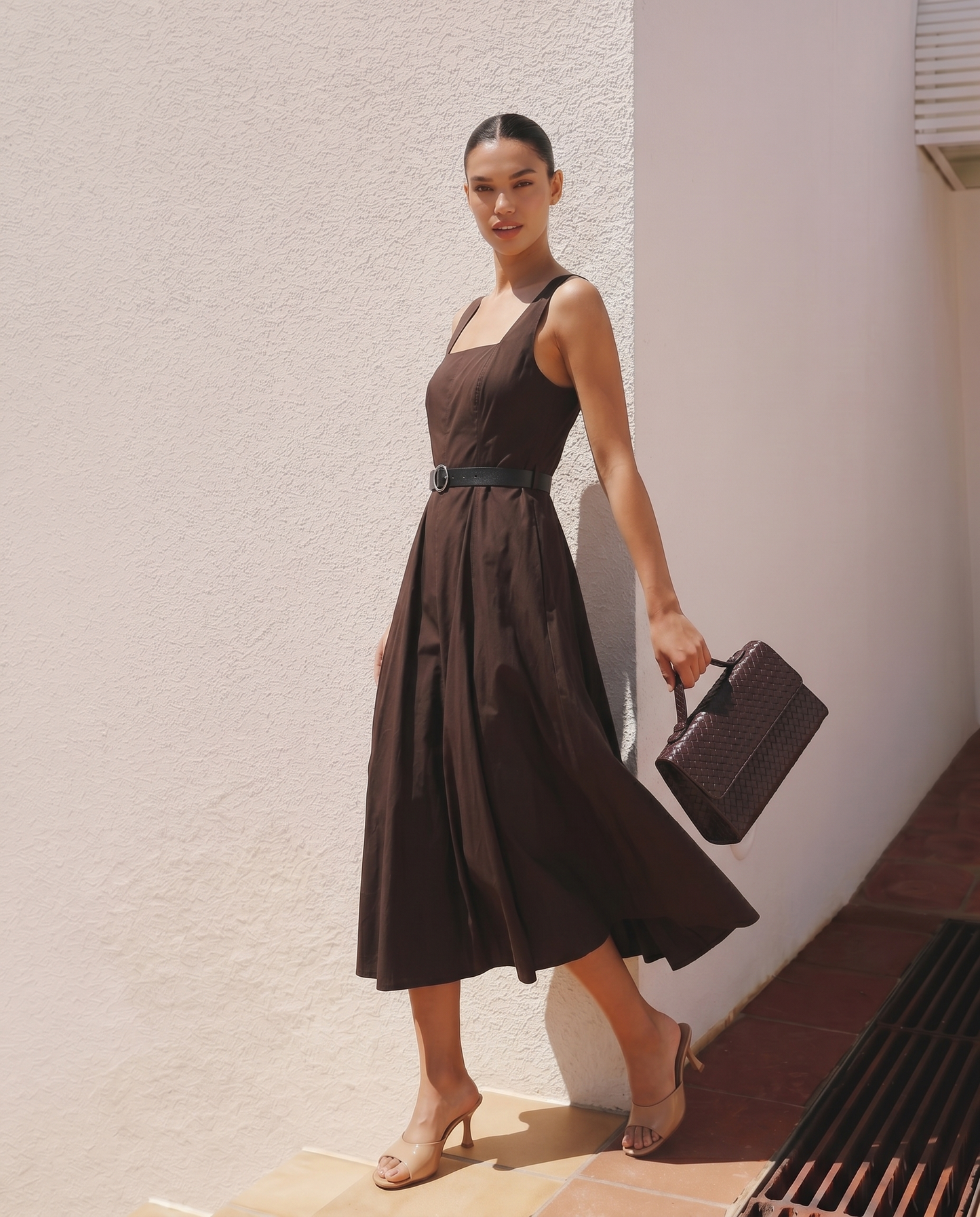 Midi Dress with Waist Belt - Brown