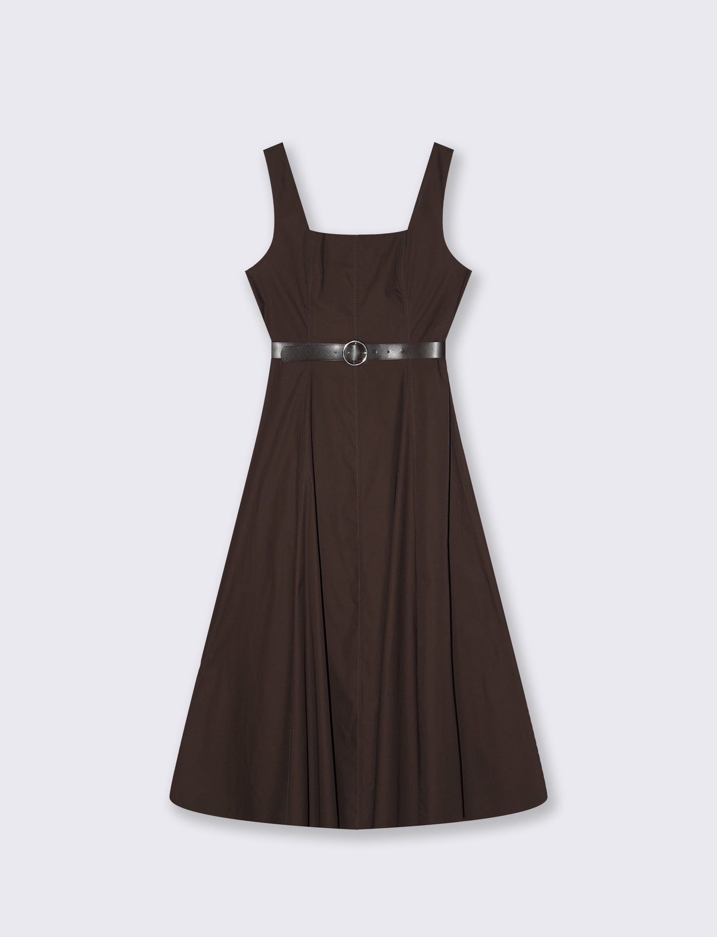 Midi Dress with Waist Belt - Brown