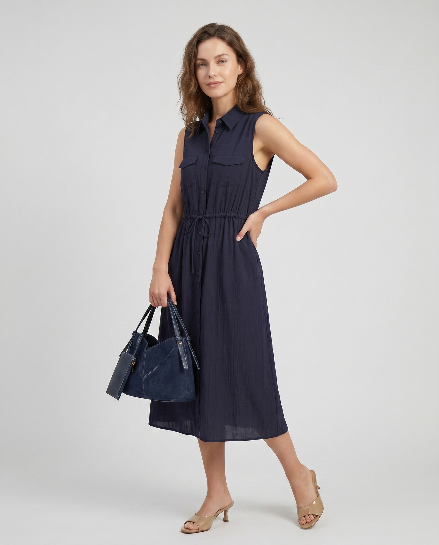 Long dress with buttons and drawstring waist - Blue
