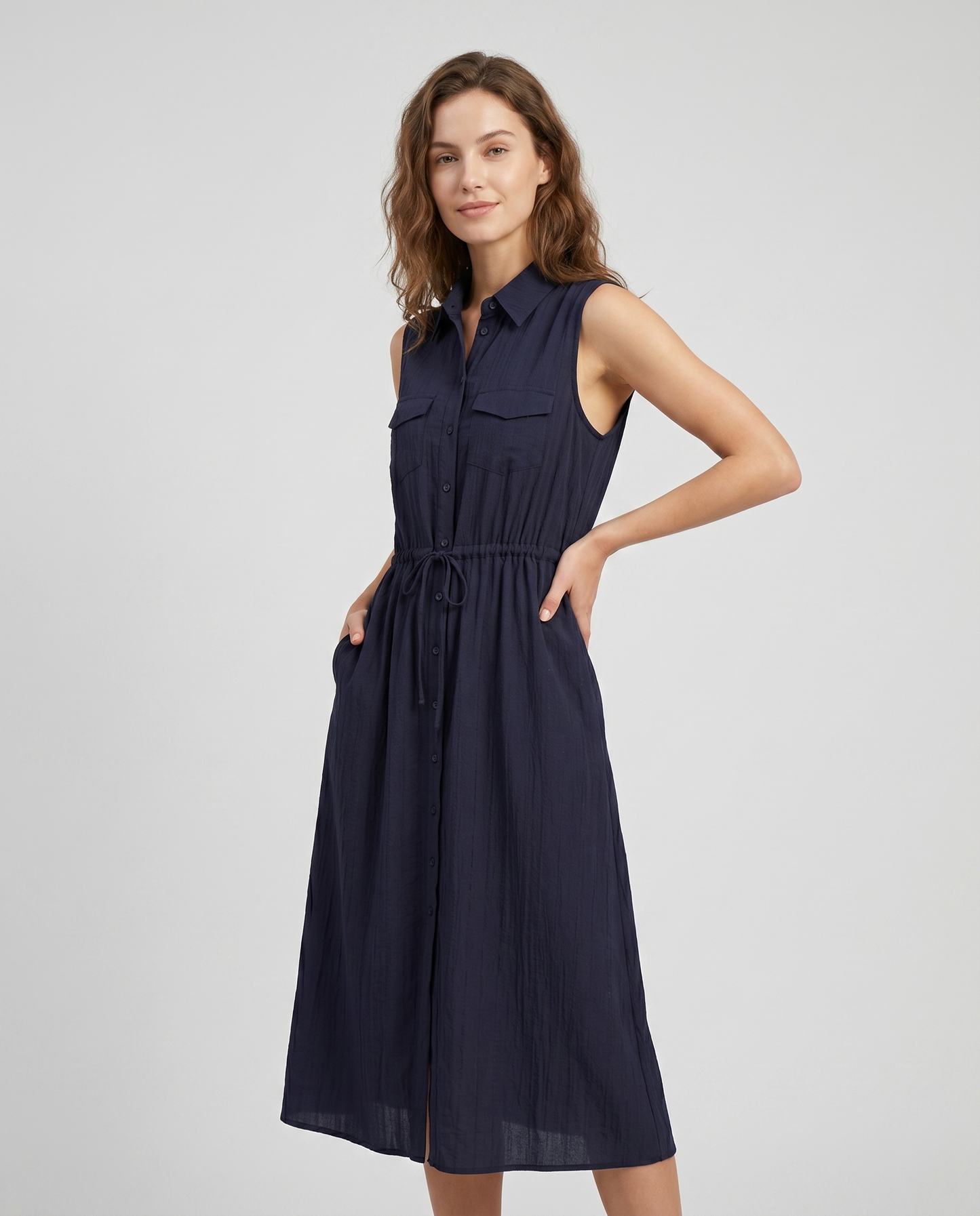 Long dress with buttons and drawstring waist - Blue