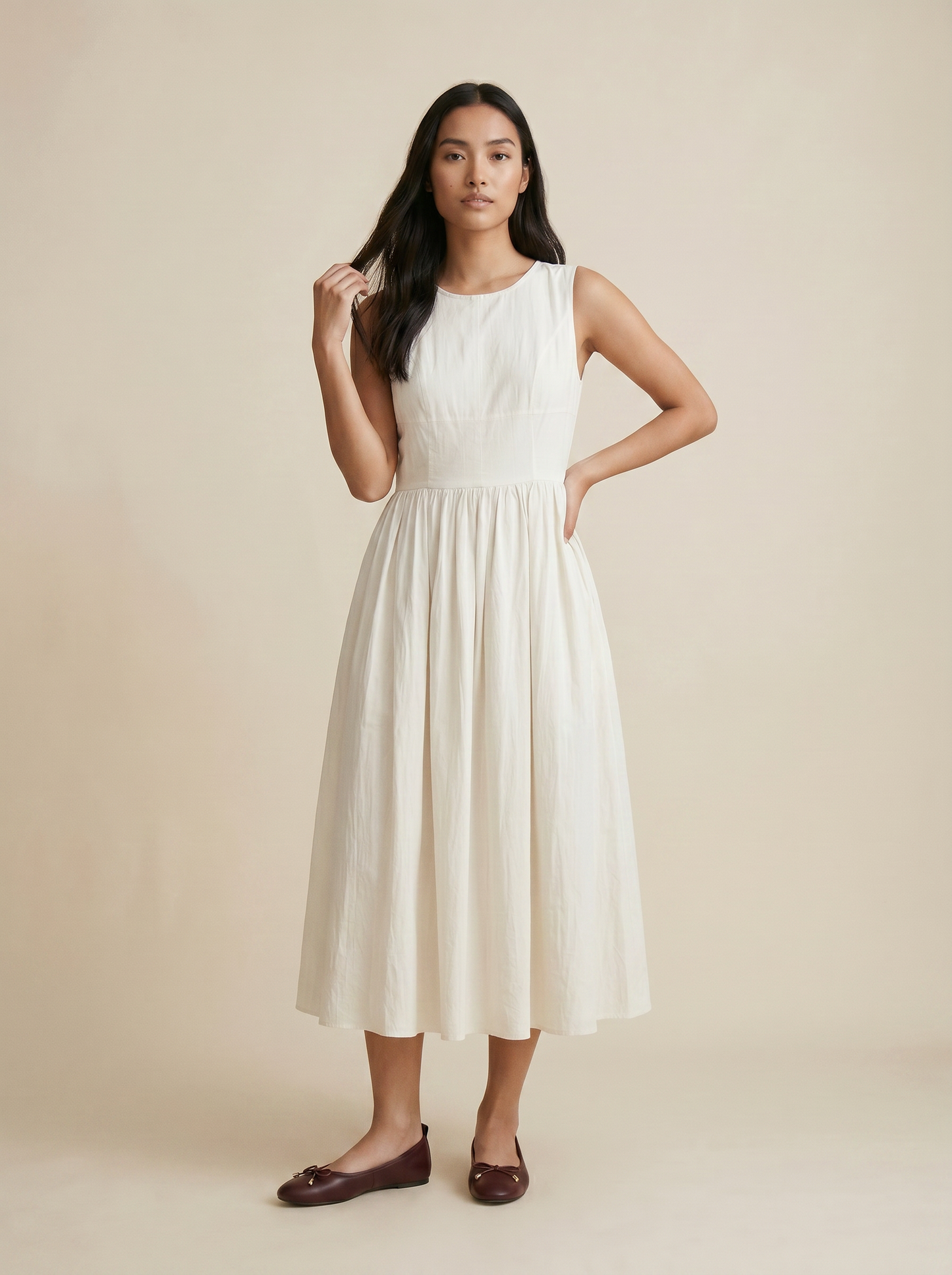 Vestito lungo smanicato con gonna ampia - Avorio