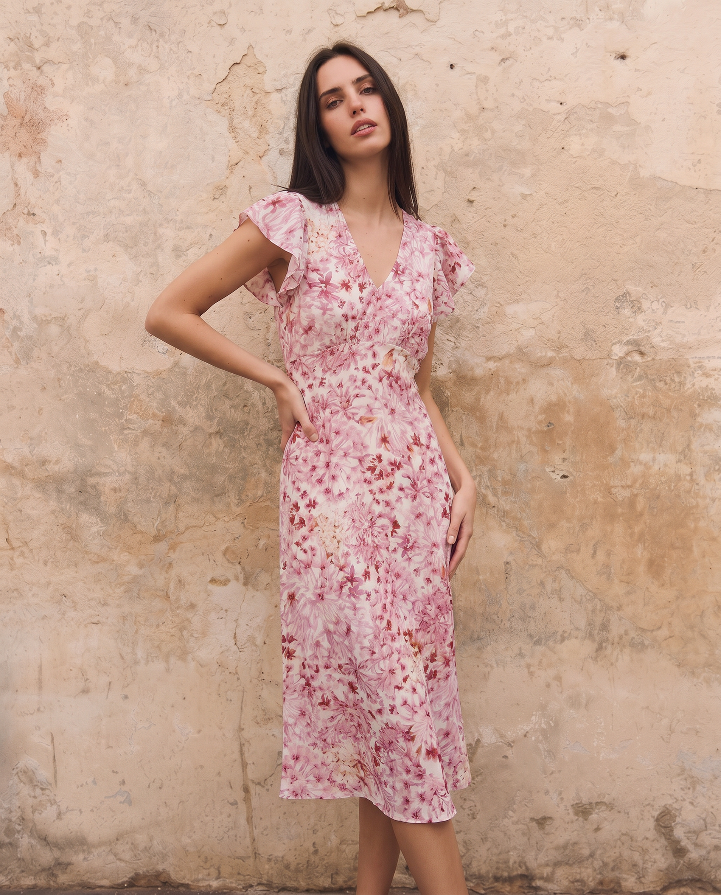 Vestito lungo con scollo a V e volant - var 1