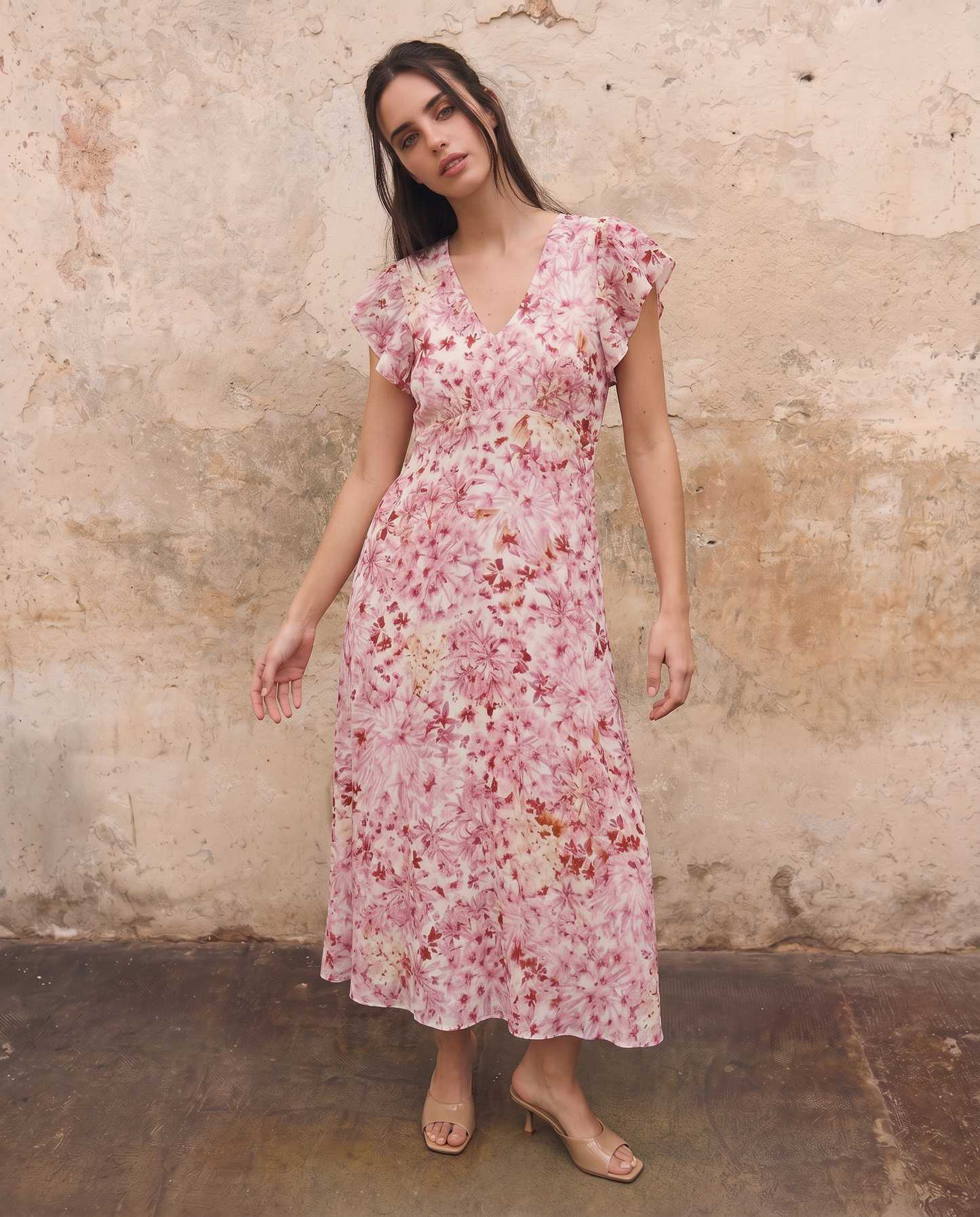 Vestito lungo con scollo a V e volant - var 1