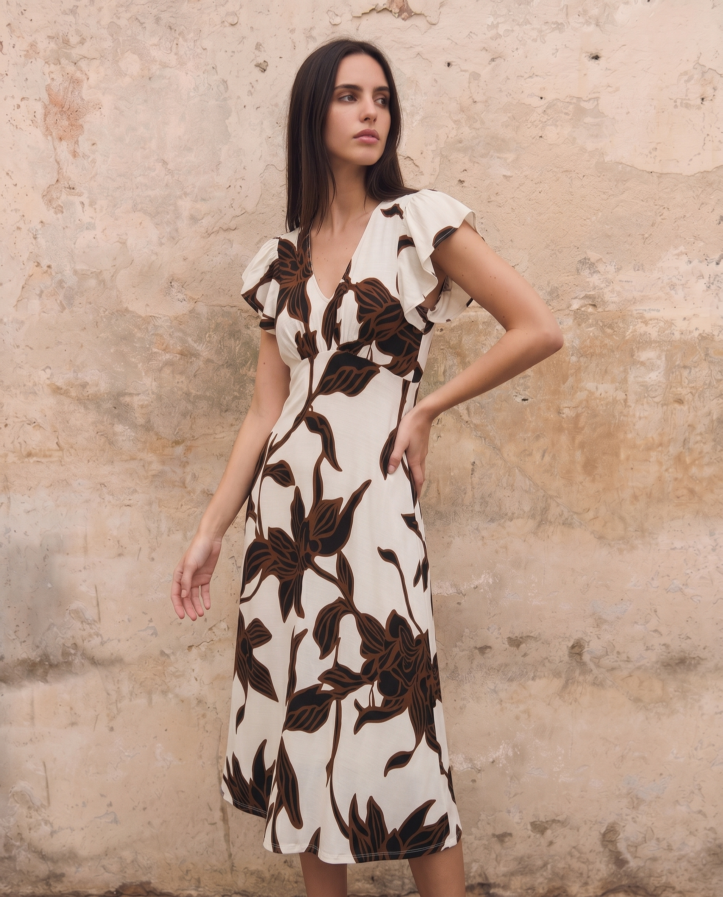 Vestito lungo con scollo a V e volant - var 2