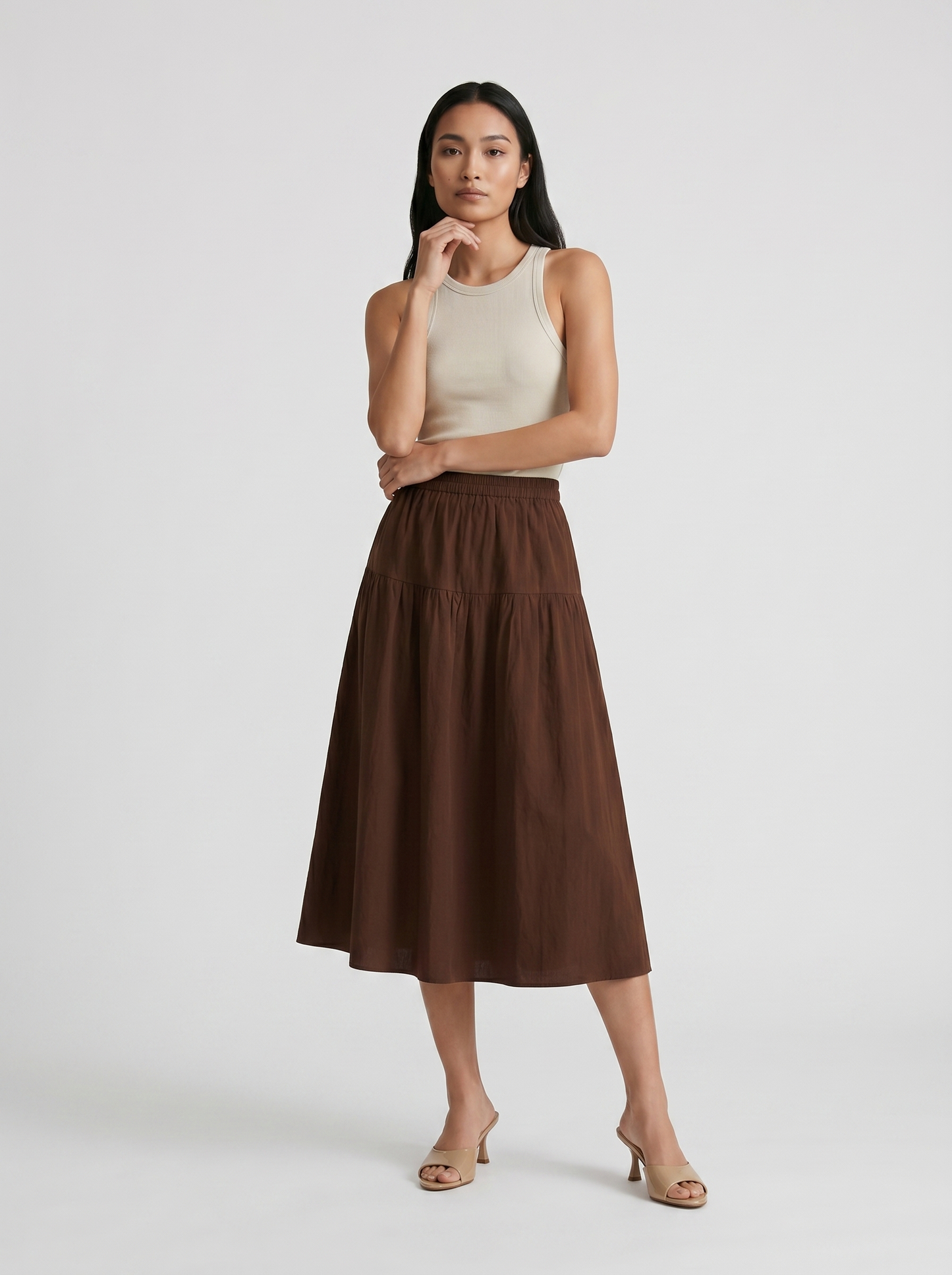 Gonna lunga in cotone con coulisse - Marrone cioccolato