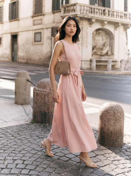 Abito smanicato lungo con scollo rotondo - Rosa polvere