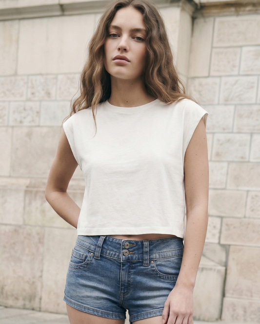 T-Shirt Cropped e Basica in Cotone - Bianco latte