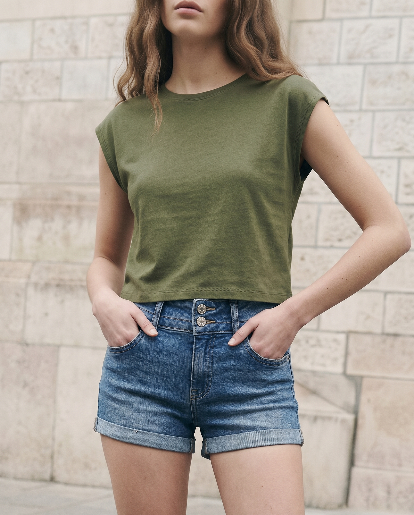 Cropped Basic Cotton T-Shirt - Green