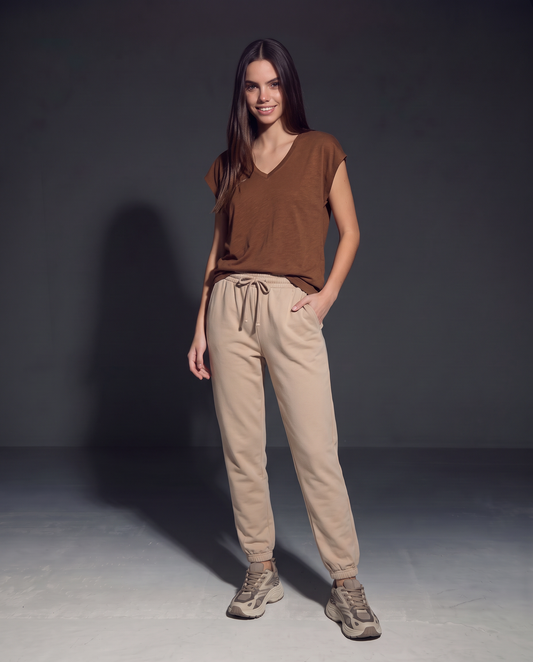 Basic Cotton V-Neck T-Shirt - Brown