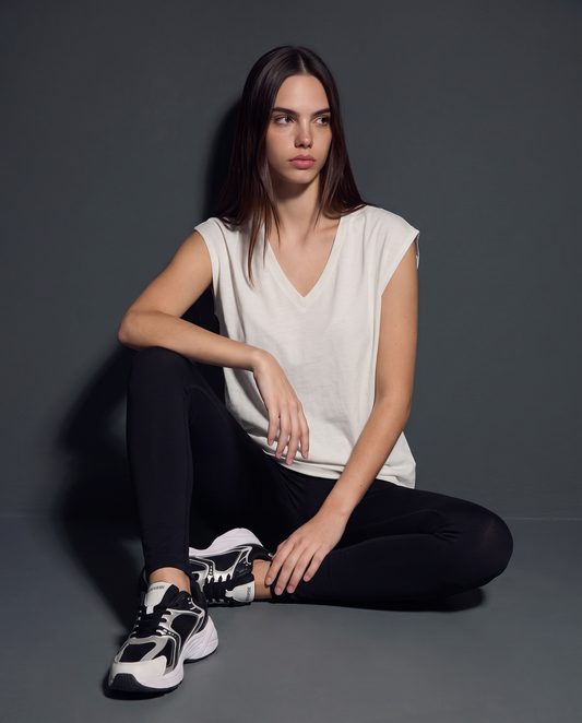 Basic Cotton V-Neck T-Shirt - Beige