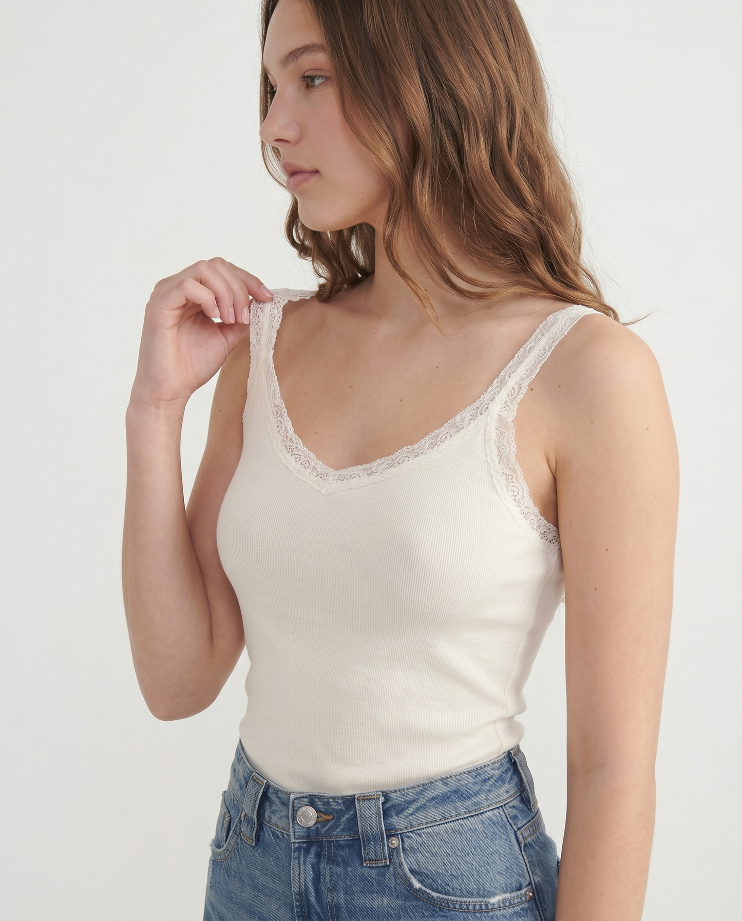 Top giromanica a costine con pizzo - Nero