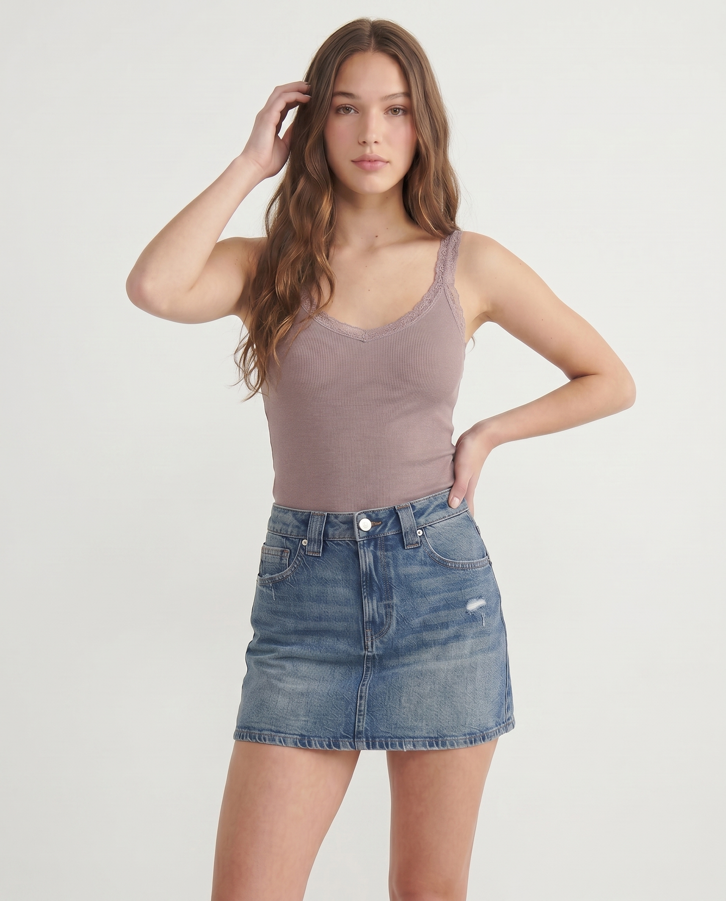 Top giromanica a costine con pizzo - Viola glicine
