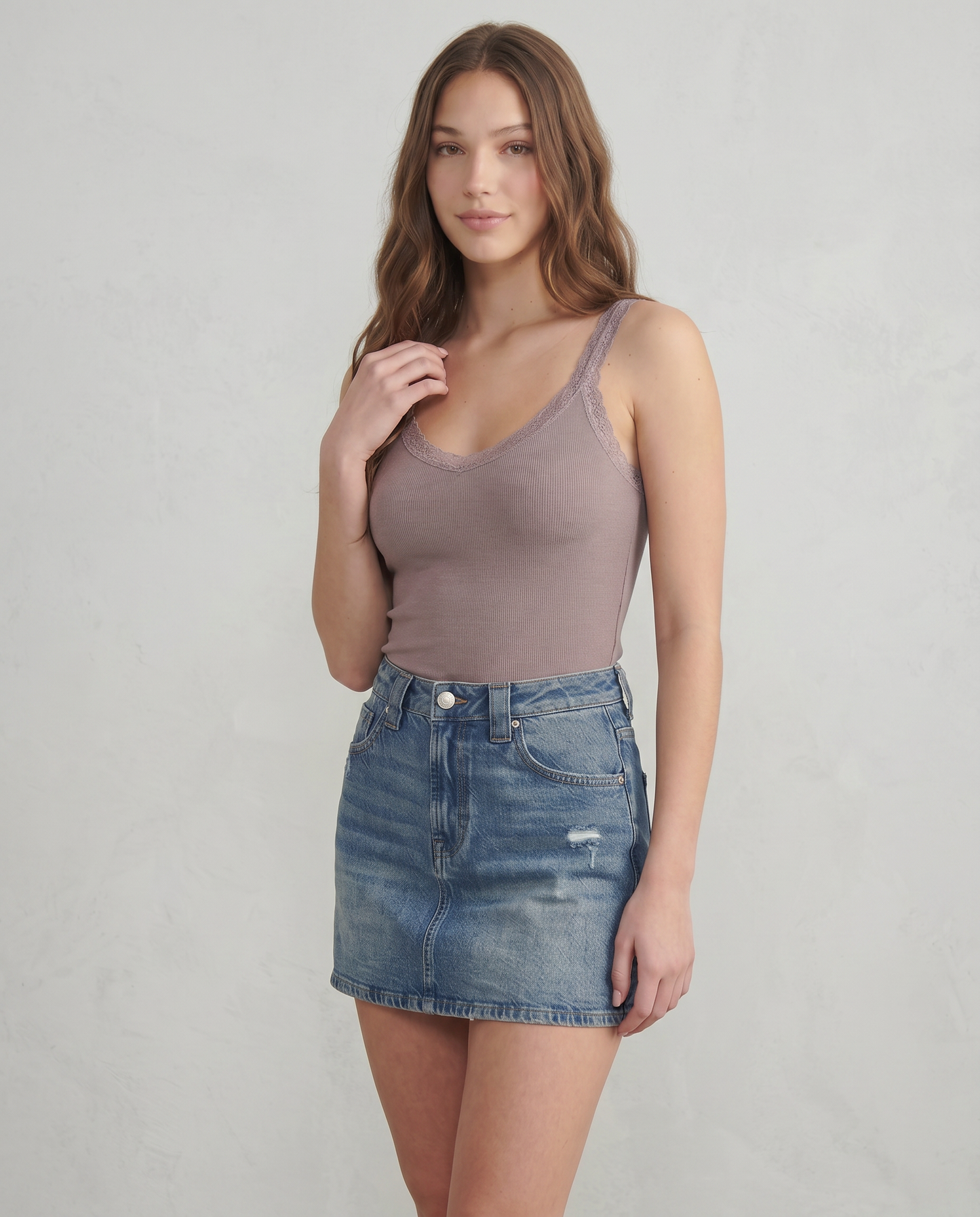 Top giromanica a costine con pizzo - Viola glicine