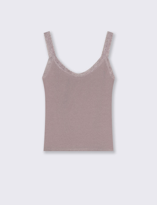 Top giromanica a costine con pizzo - Viola glicine