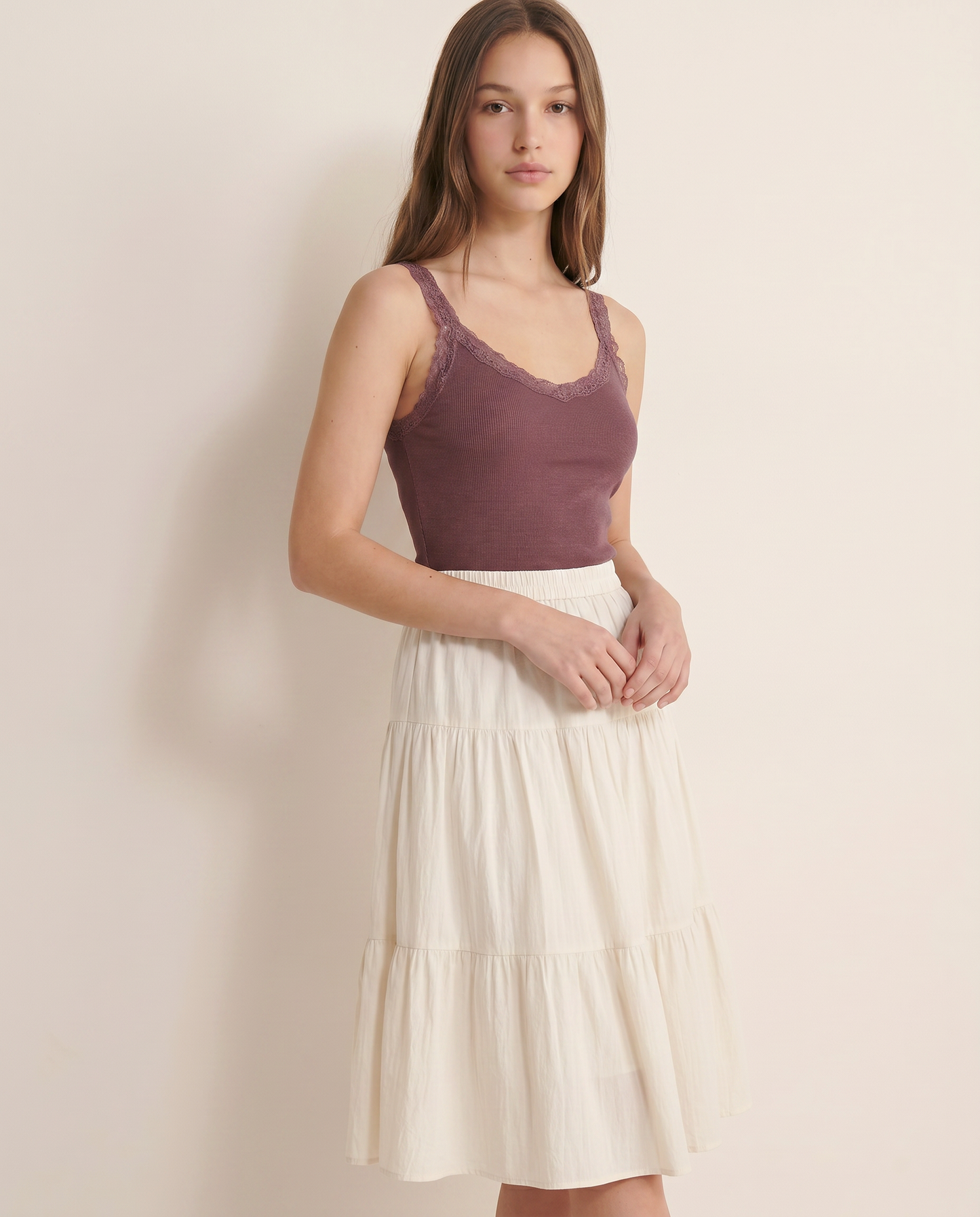 Top giromanica a costine con pizzo - Rosso amarena