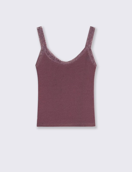 Top giromanica a costine con pizzo - Rosso amarena