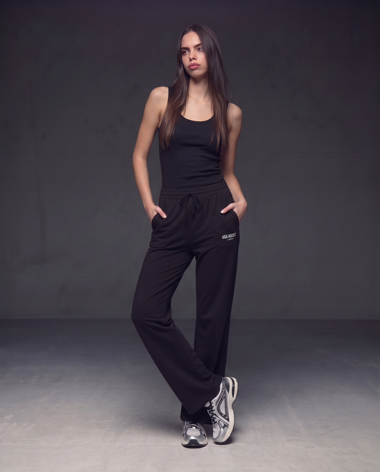 Pantaloni tuta dritti con coulisse e stampa - Nero