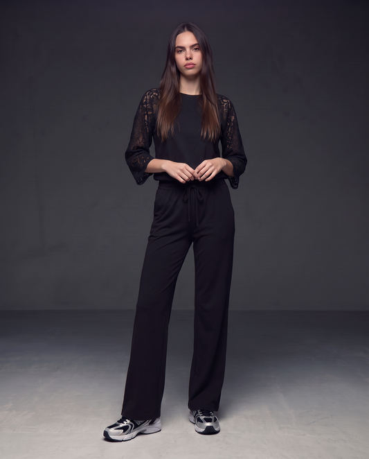 Straight track pants with drawstring waist - Black
