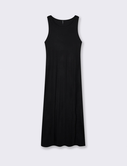 Vestito lungo a costine slim con scollo - Nero