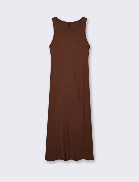 Vestito lungo a costine slim con scollo - Marrone cioccolato