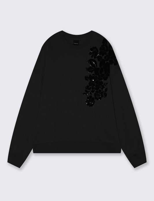 Felpa girocollo con ricami e paillettes - Nero
