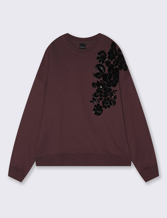 Felpa girocollo con ricami e paillettes - Rosso amarena