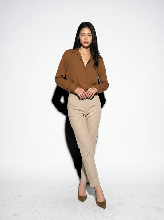 Camicia manica lunga con pieghe posteriori - Marrone tabacco